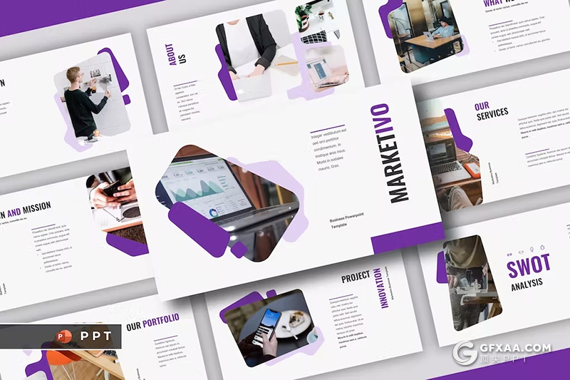 30页紫色时尚精美商业计划书商务合作团队介绍商务通用国外PPT模板 - 顶尖PPT
