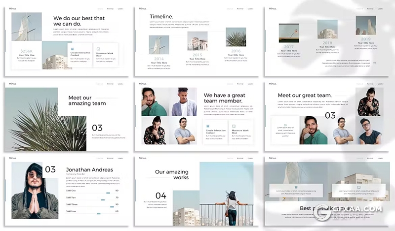 30页简约大气团队介绍产品摄影展示通用国外PPT模板3种配色2款尺寸 - 顶尖PPT