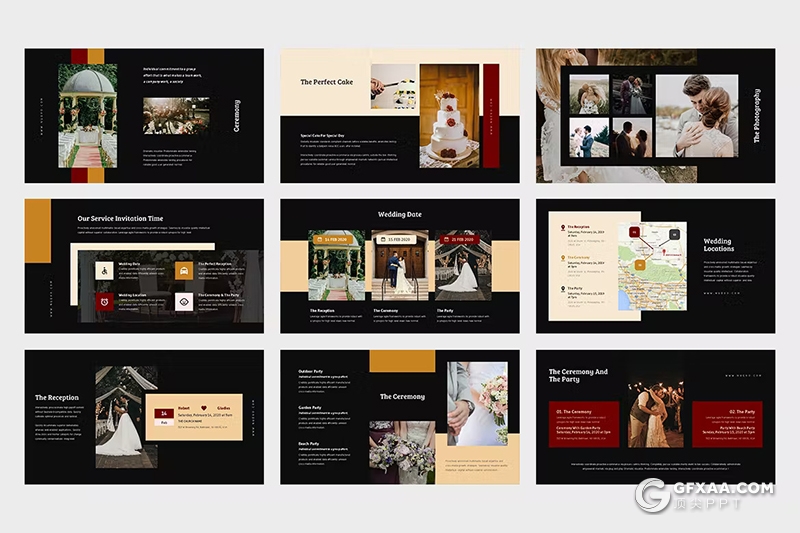 62页大气精美婚礼策划婚礼摄影美图展示国外PPT模板2种背景颜色 - 顶尖PPT