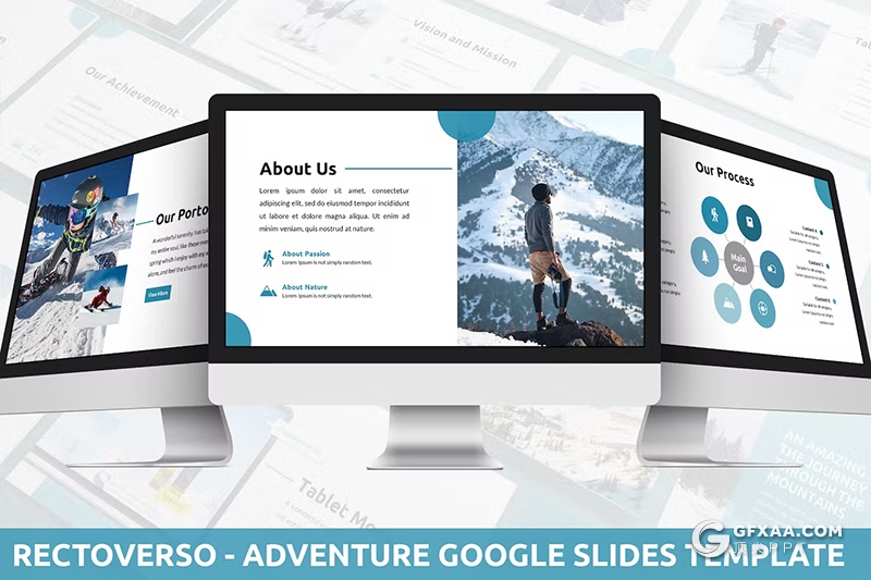 30页蓝色雪山徒步旅行滑雪项目介绍分析国外GoogleSlides模板 - 顶尖PPT