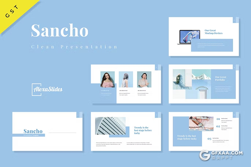 30页蓝色简约产品摄影展示模特摄影展示国外GoogleSlides模板 - 顶尖PPT