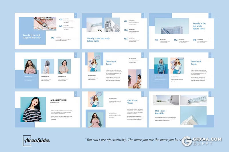 30页蓝色简约产品摄影展示模特摄影展示国外GoogleSlides模板 - 顶尖PPT