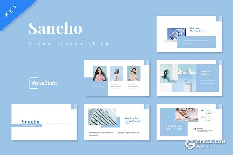 30页蓝色简约产品摄影展示模特摄影展示国外keynote模板 - 顶尖PPT