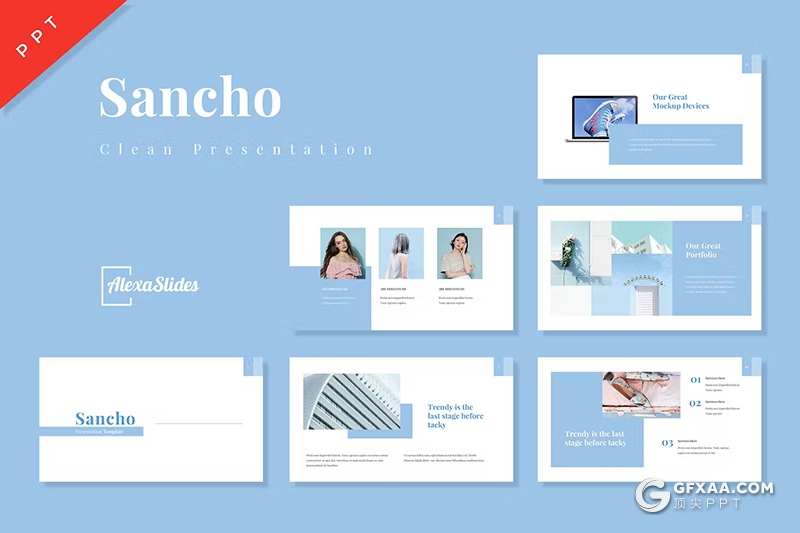 30页蓝色简约产品摄影展示模特摄影展示国外PPT模板 - 顶尖PPT