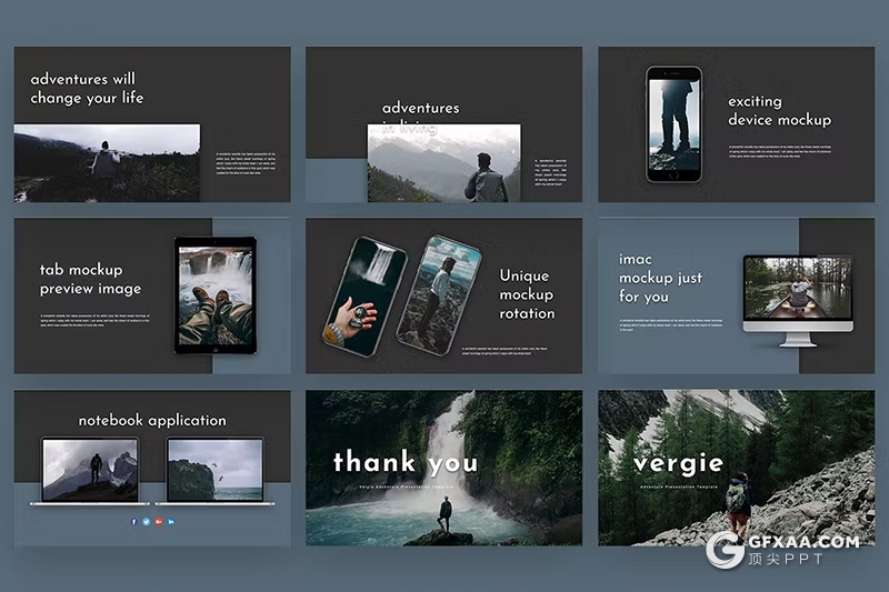 30页旅游展示登山运动摄影图片展示徒步旅行国外GoogleSlides模板5种配色 - 顶尖PPT