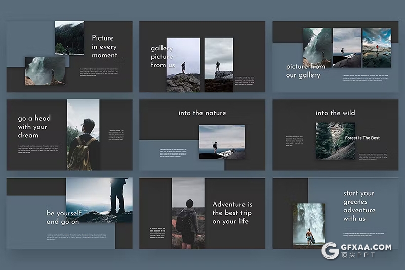 30页旅游展示登山运动摄影图片展示徒步旅行国外GoogleSlides模板5种配色 - 顶尖PPT