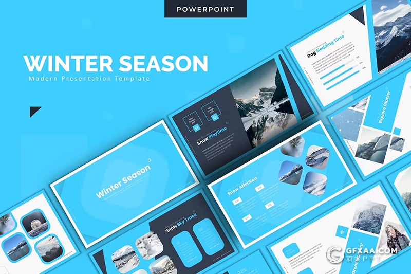 30页天气主题雪山摄影介绍国外PPT模板5种配色 - 顶尖PPT