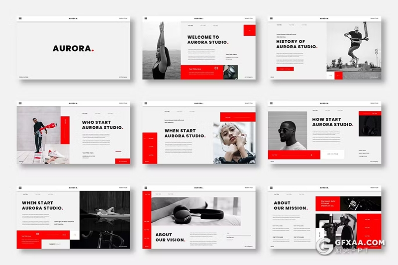 39页红色摄影图片展示团队介绍通用国外PPT模板 - 顶尖PPT