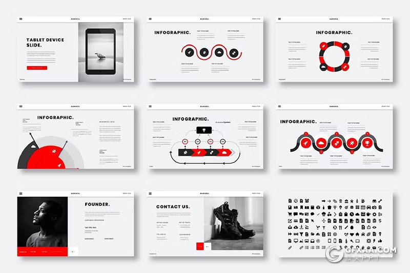 39页红色摄影图片展示团队介绍通用国外PPT模板 - 顶尖PPT