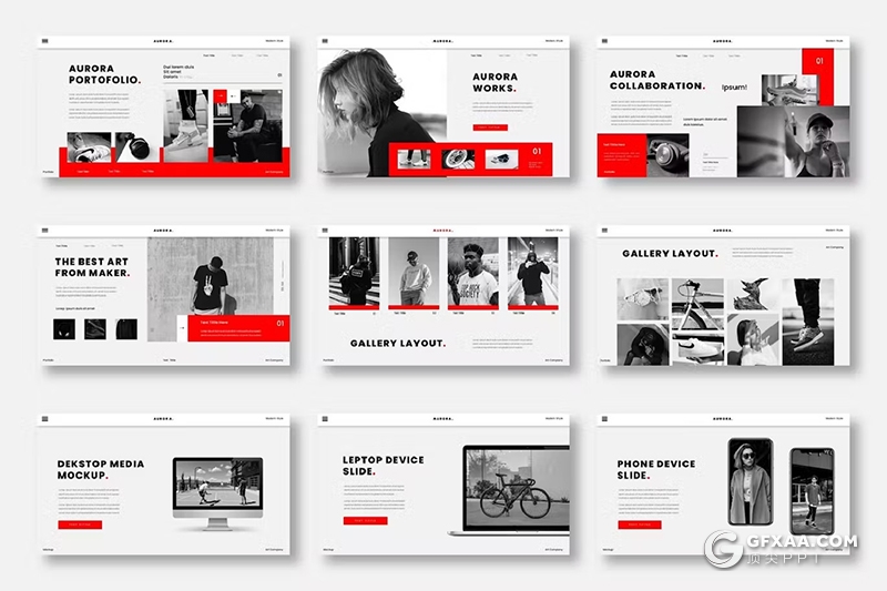 39页红色摄影图片展示团队介绍通用国外PPT模板 - 顶尖PPT