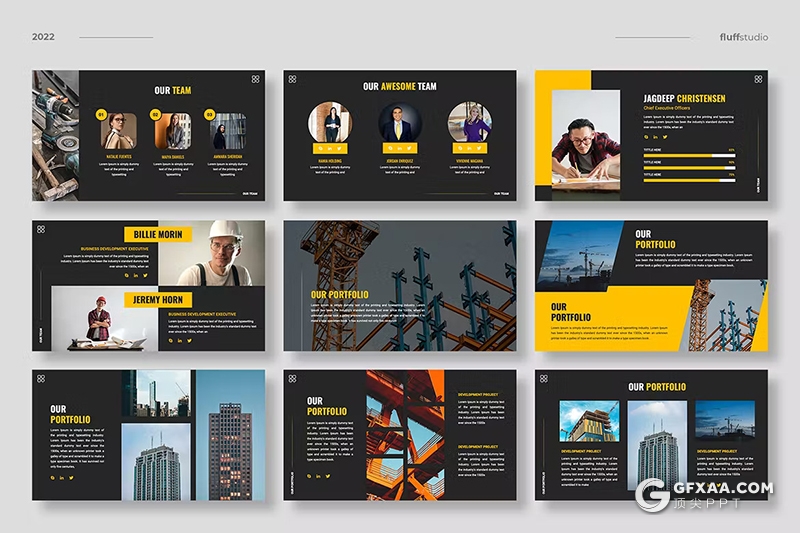 40页黑橙色企业建筑施工工程项目展示国外PPT模板 - 顶尖PPT