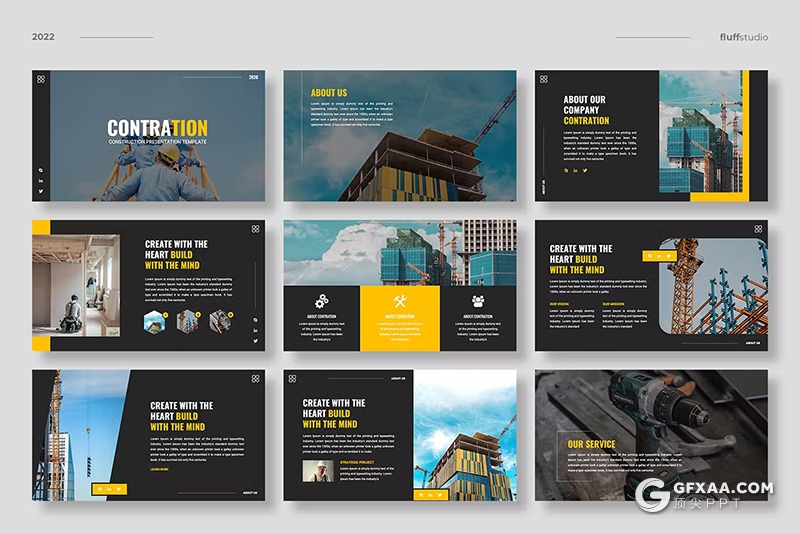 40页黑橙色企业建筑施工工程项目展示国外PPT模板 - 顶尖PPT