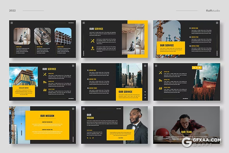 40页黑橙色企业建筑施工工程项目展示国外PPT模板 - 顶尖PPT