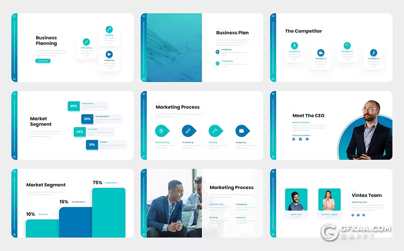 40页蓝色渐变色商业计划书团队介绍商业通用国外PPT模板 - 顶尖PPT