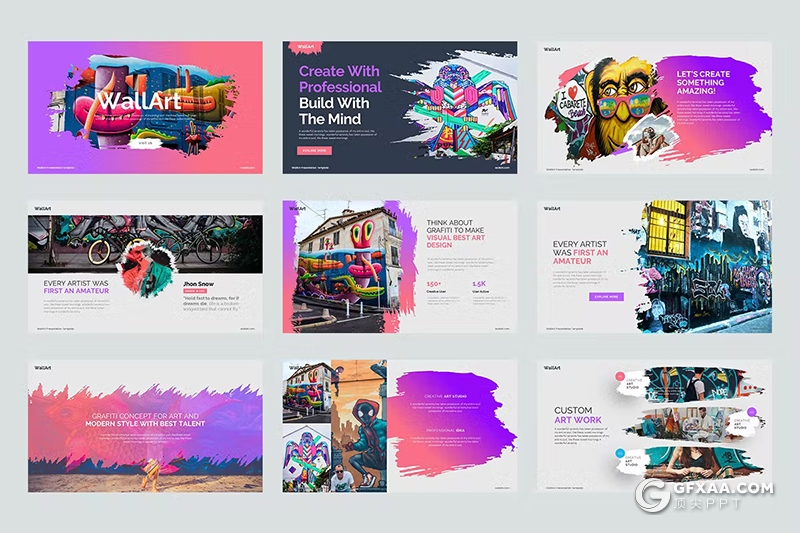 40页喷墨风漫画涂鸦摄影展示国外PPT模板 - 顶尖PPT