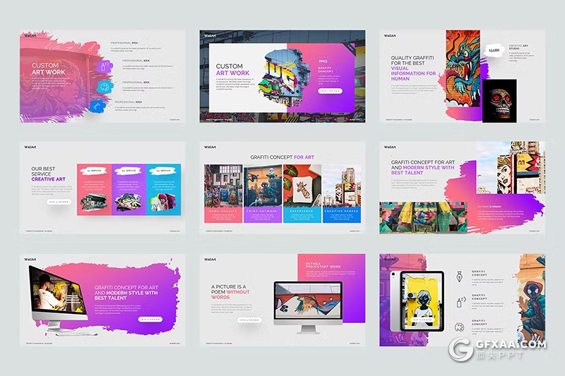 40页喷墨风漫画涂鸦摄影展示国外PPT模板 - 顶尖PPT