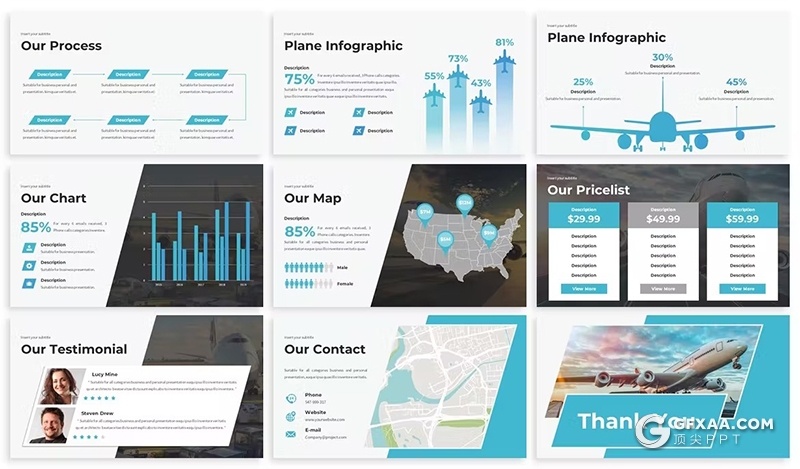30页航空公司介绍工作总结年终汇报国外通用PPT模板3种配色2款尺寸 - 顶尖PPT