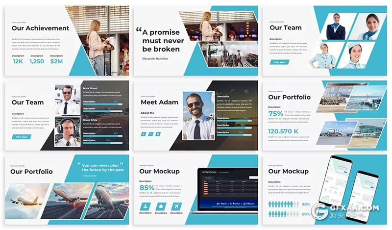30页航空公司介绍工作总结年终汇报国外通用PPT模板3种配色2款尺寸 - 顶尖PPT