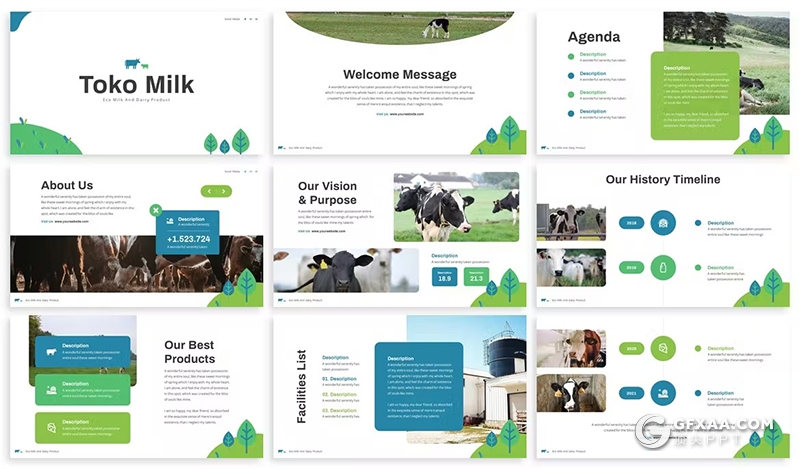 30页牛奶工厂展示牛奶产品宣传数据分析国外PPT模板3种配色2款尺寸 - 顶尖PPT