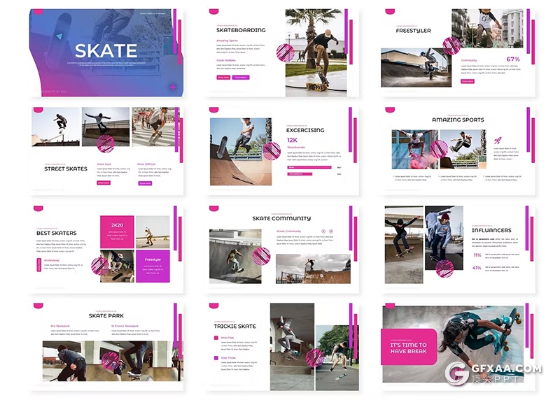 30页户外运动滑板娱乐活动策划国外Keynote模板5种主题配色 - 顶尖PPT