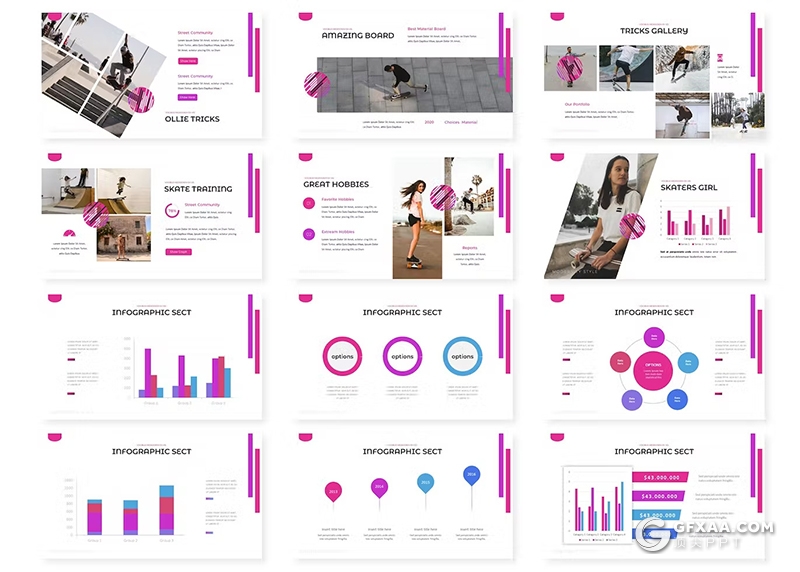 30页户外运动滑板娱乐活动策划国外Keynote模板5种主题配色 - 顶尖PPT