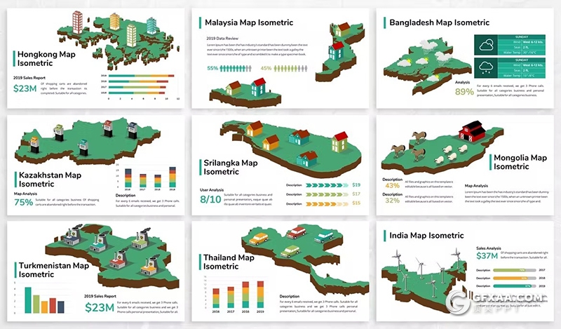 28页3D立体亚洲地图亚洲国家地图PPT模板 - 顶尖PPT
