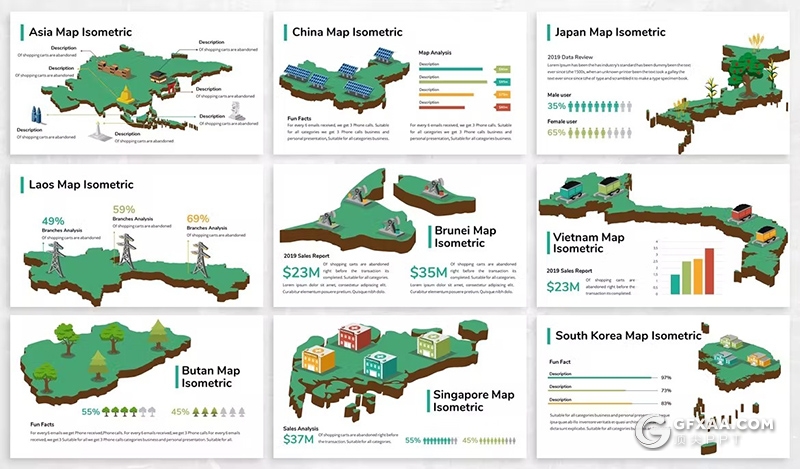 28页3D立体亚洲地图亚洲国家地图PPT模板 - 顶尖PPT