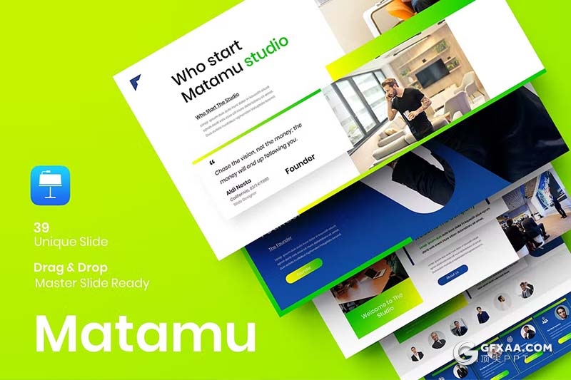 39页蓝绿渐变色品牌宣传商业计划商务通用国外KeyNote模板 - 顶尖PPT