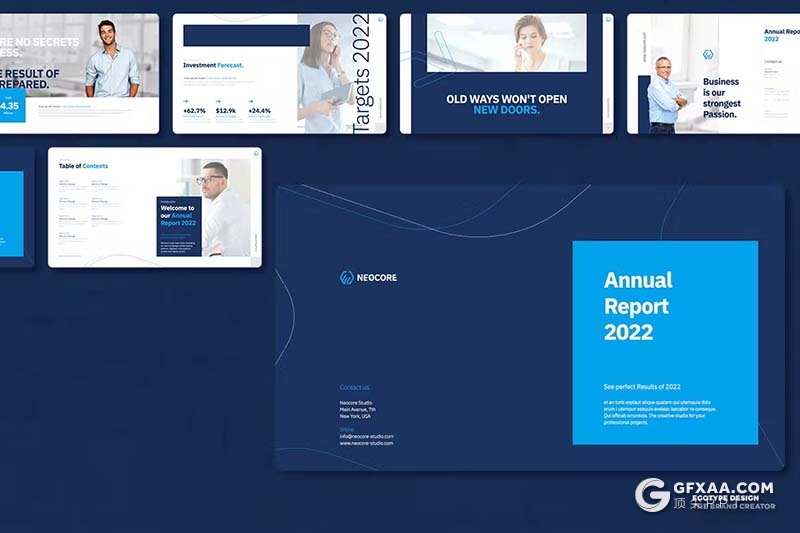 40页蓝色大气企业年度报告总结数据展示通用国外KeyNote模板 - 顶尖PPT