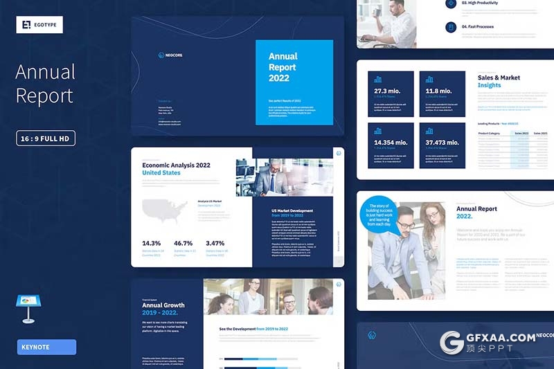 40页蓝色大气企业年度报告总结数据展示通用国外KeyNote模板 - 顶尖PPT