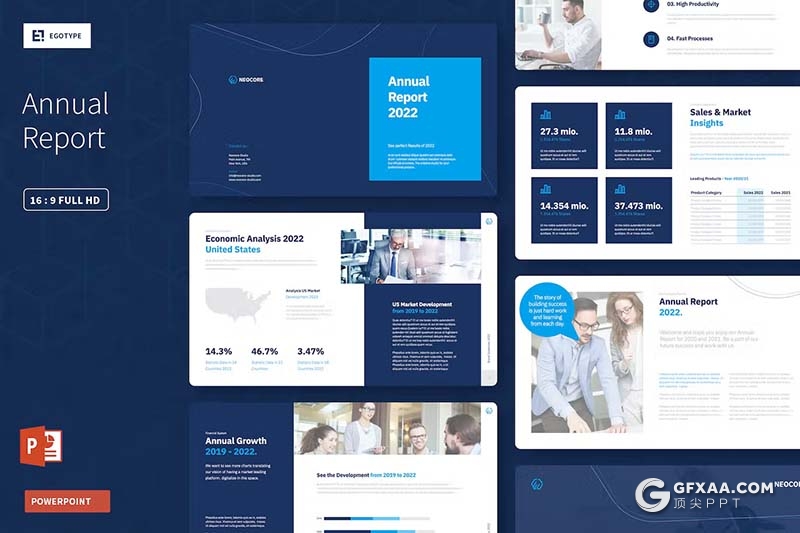 40页蓝色大气企业年度报告总结数据展示通用国外PPT模板 - 顶尖PPT