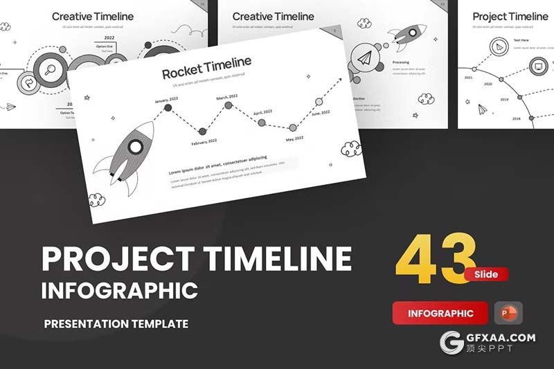 43页黑白色项目日程表图形图表PPT模板 - 顶尖PPT