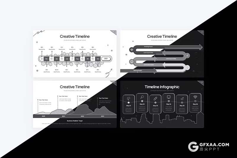 43页黑白色项目日程表图形图表PPT模板 - 顶尖PPT