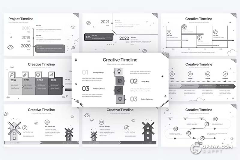 43页黑白色项目日程表图形图表PPT模板 - 顶尖PPT