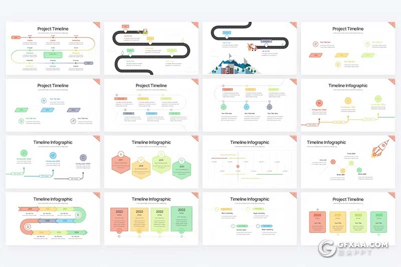 44页多色彩项目日程表线条图形图表PPT模板 - 顶尖PPT