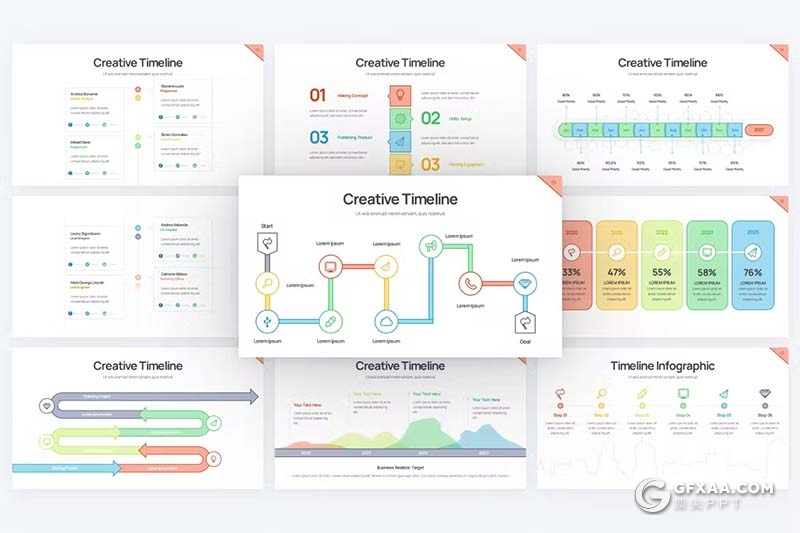 43页多色彩项目日程表线条数据展示图形图表PPT模板 - 顶尖PPT