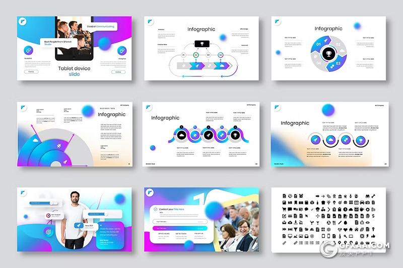 39页渐变蓝紫色时尚精美业务合作团队介绍商业计划通用国外GoogleSlides模板 - 顶尖PPT