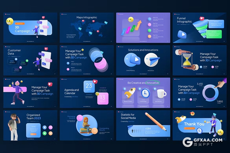 40页3D活动创意3D模型动画社交表情包国外PPT高端模板 - 顶尖PPT