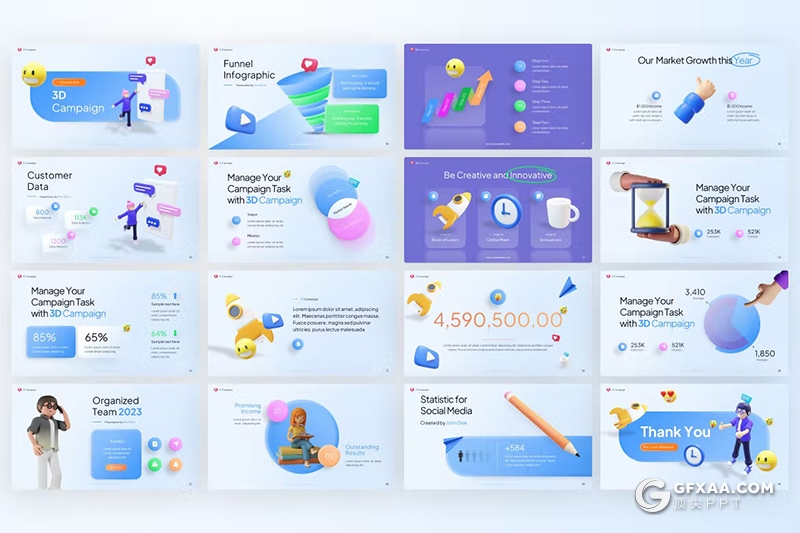 40页3D活动创意3D模型动画社交表情包国外PPT高端模板 - 顶尖PPT