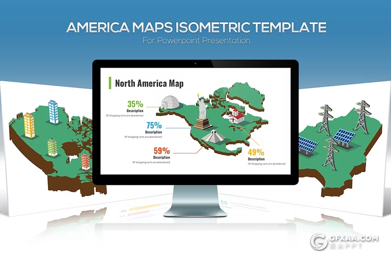 30页3D立体美国地图等轴测图美国地图亚洲国家地图PPT模板 - 顶尖PPT