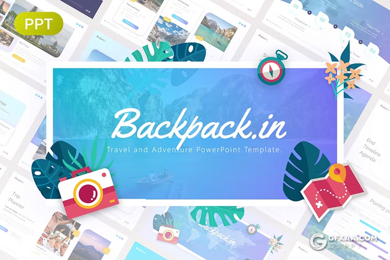 55页背包旅行户外旅行摄影图片展示国外PPT模板 - 顶尖PPT