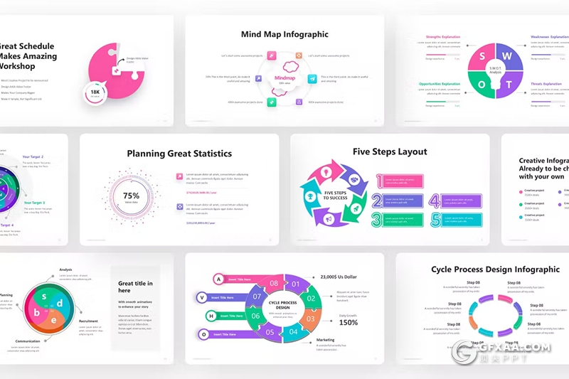 40页圆形循环信息图形图表注释记号PPT模板 - 顶尖PPT