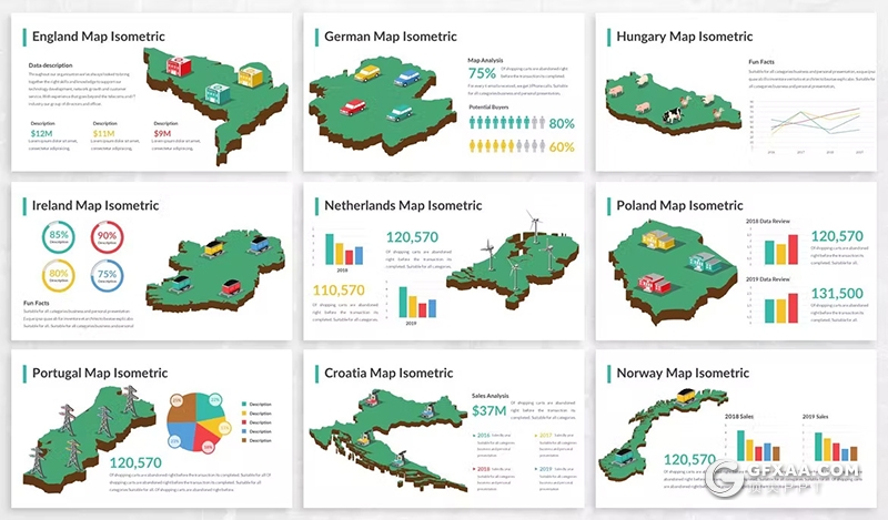 28页欧洲地图等轴测图和注释记号图例PPT模板 - 顶尖PPT