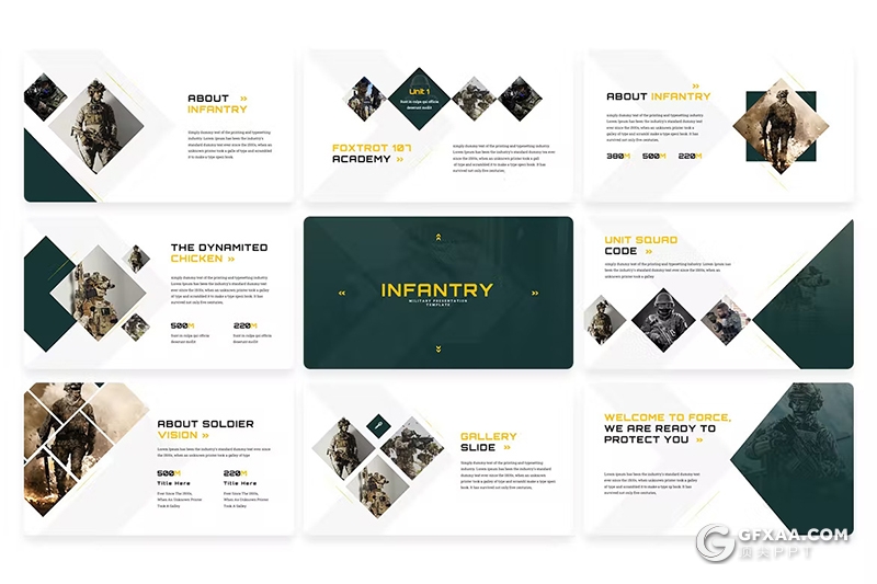 46页步兵军事武器主题PPT模板 - 顶尖PPT