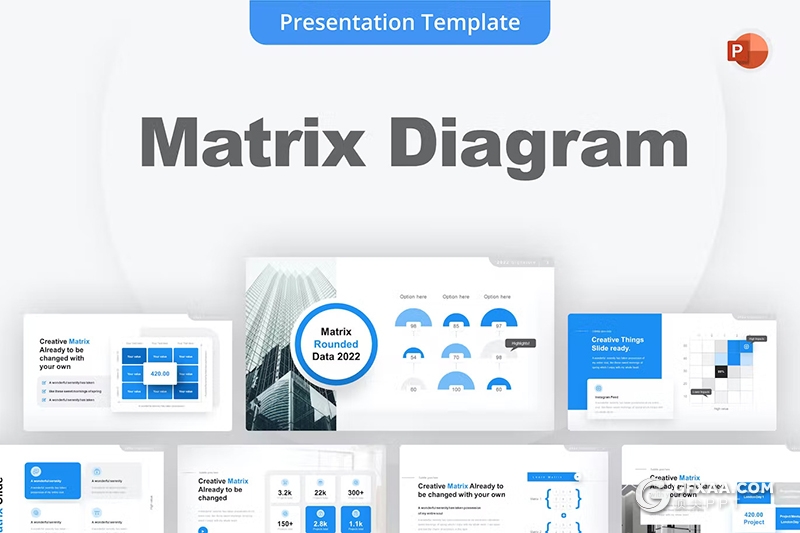 蓝色矩阵图图形图表PPT模板 - 顶尖PPT