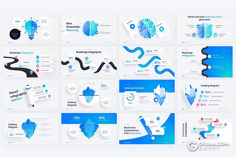 20页铅笔冰山道路和大脑主题图形图表keynote模板 - 顶尖PPT