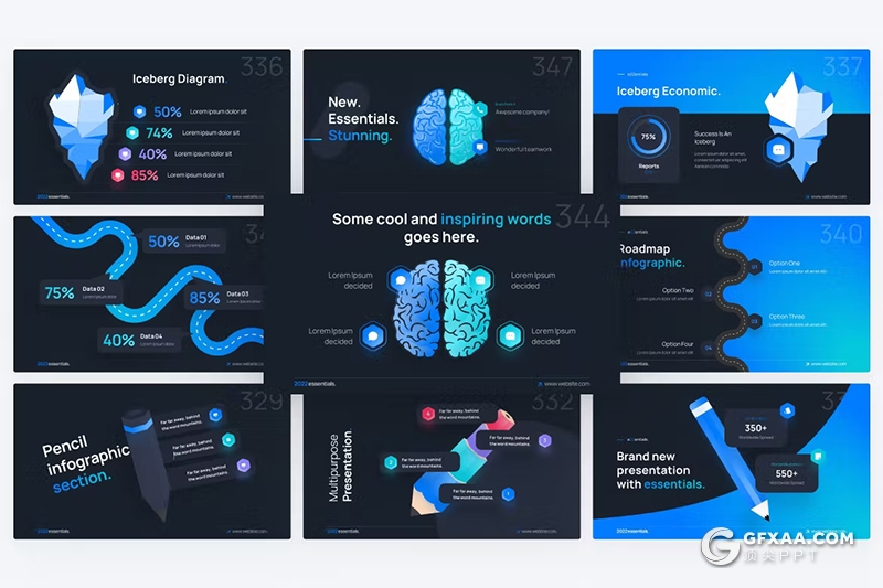 20页铅笔冰山道路和大脑主题图形图表keynote模板 - 顶尖PPT