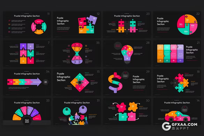 35页多色彩创意拼图信息图形图表注释记号PPT模板 - 顶尖PPT