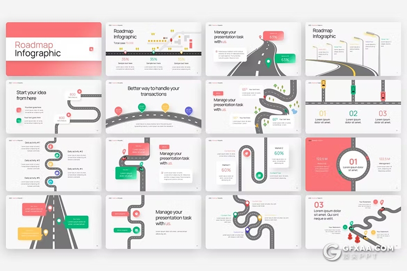 25页路线图信息图形图表PPT模板 - 顶尖PPT