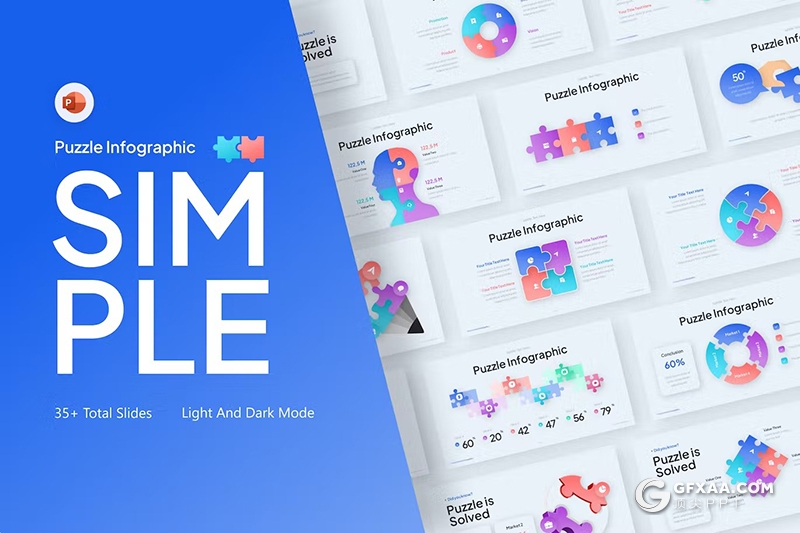35页多色彩简单创意拼图信息图形图表PPT模板 - 顶尖PPT